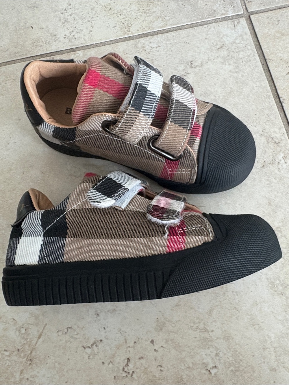 Burberry Kids Plaid Velcro Sneakers in Beige, Black and Pink